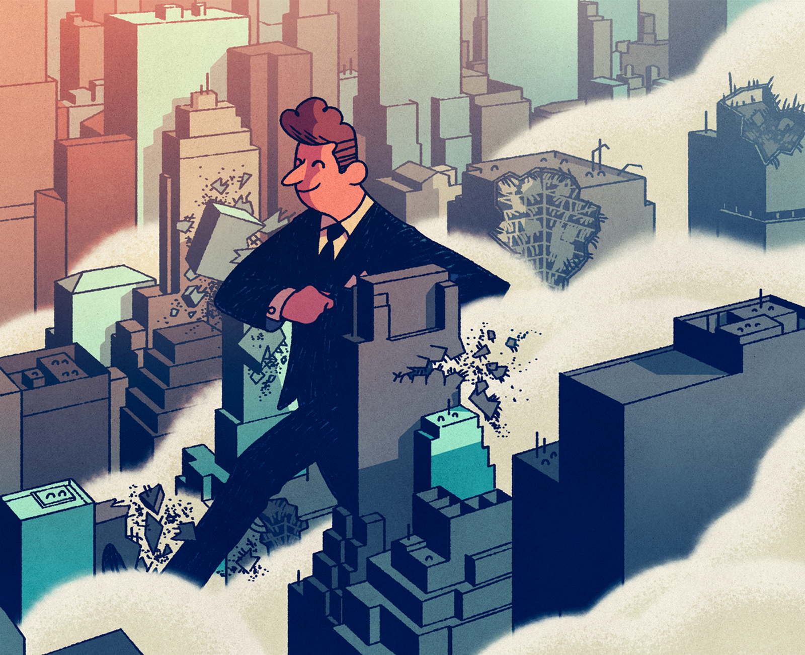 A businessman with unethical amnesia stomps through a city.