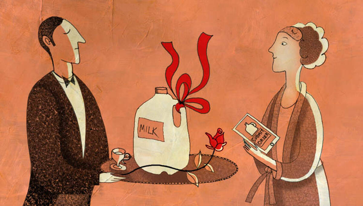 A waiter serves a gallon of milk.